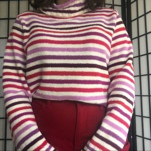 White Fuzzy Striped Sweater Size L White Sweater